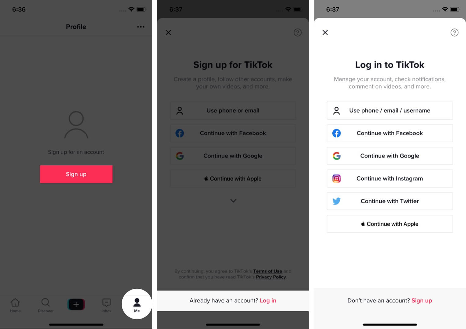 Tap on Me and Then Tap on Sign up to Log in TikTok account