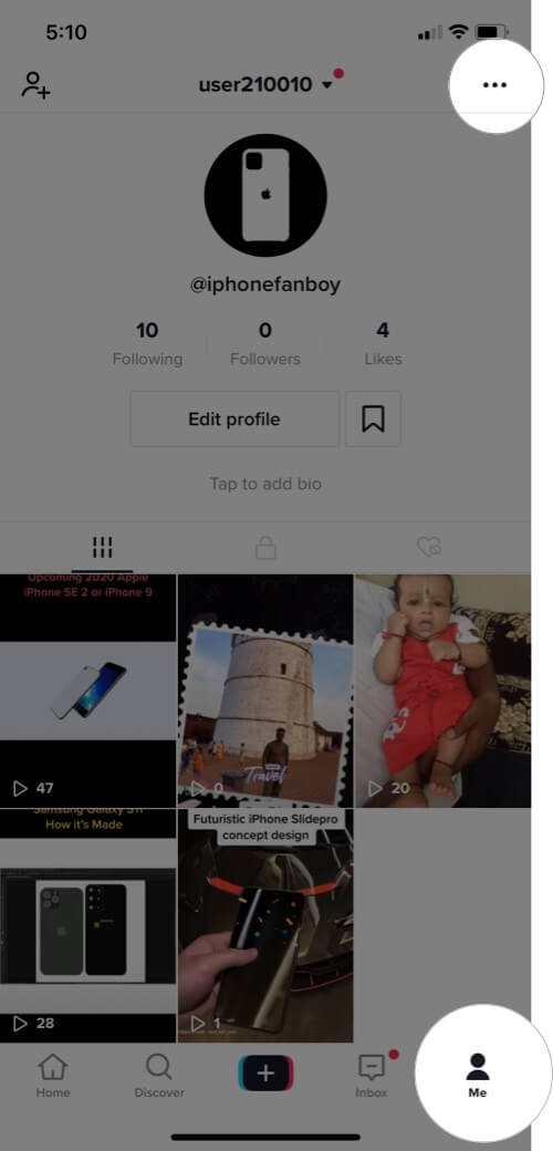 Tap on Me then Tap on Three Dots in Tiktok on iPhone or Android