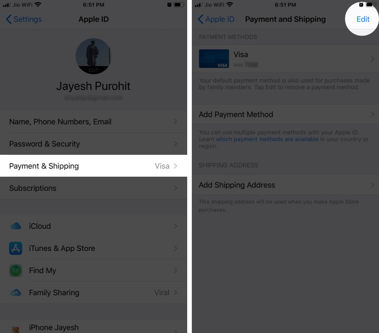 Tap on Payment and Shipping and Then Tap on Edit in Apple ID on iPhone