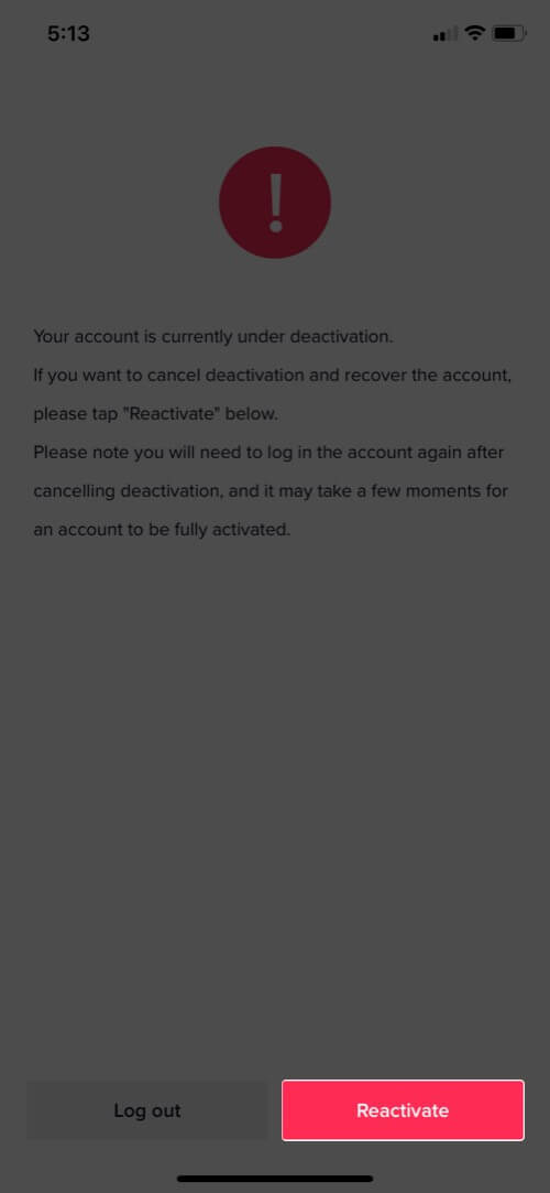 Tap on Reactivate to Recover Deleted TikTok account on iPhone