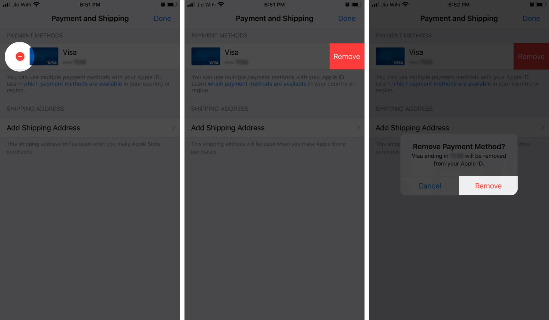 Tap on Remove to Delete Apple ID and Payment Method on iPhone