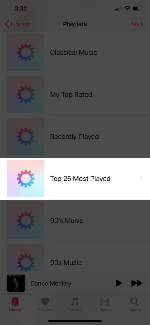 Tap on Top 25 Most Played Playlist in iPhone Music App