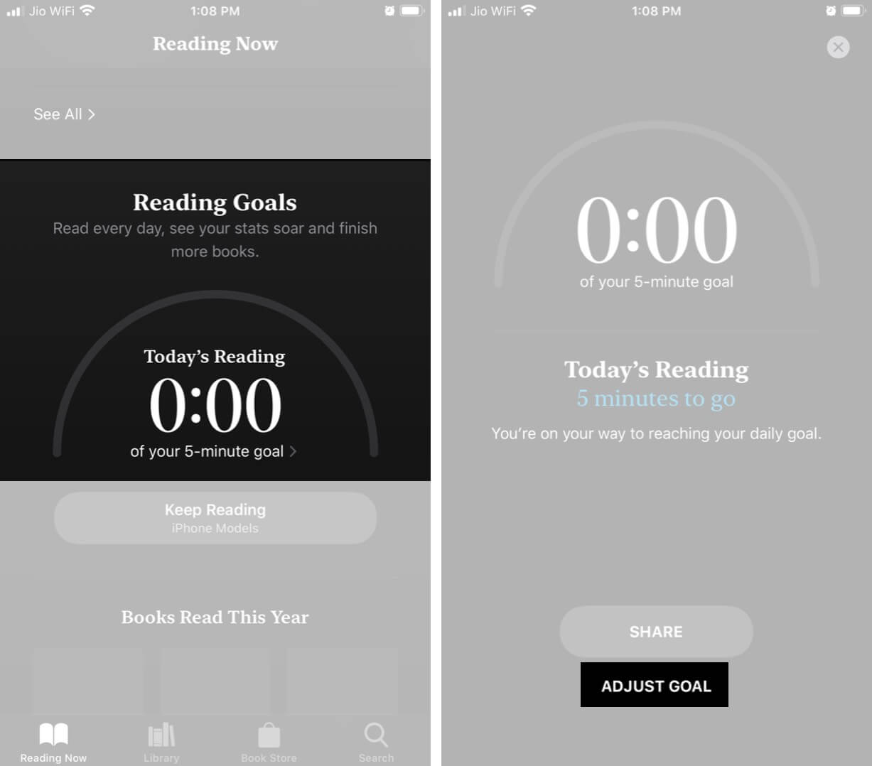 Under Reading Goals and Tap on Today's Reading and Then Tap on Adjust in iPhone Books App