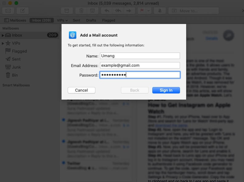 Add Account in Mail App on Mac