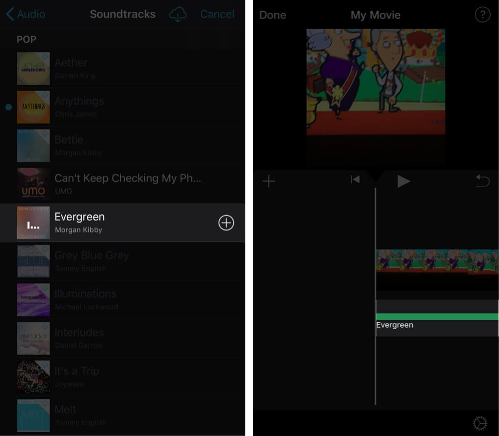 Add Audio to iMovie Editing Timeline on iPhone