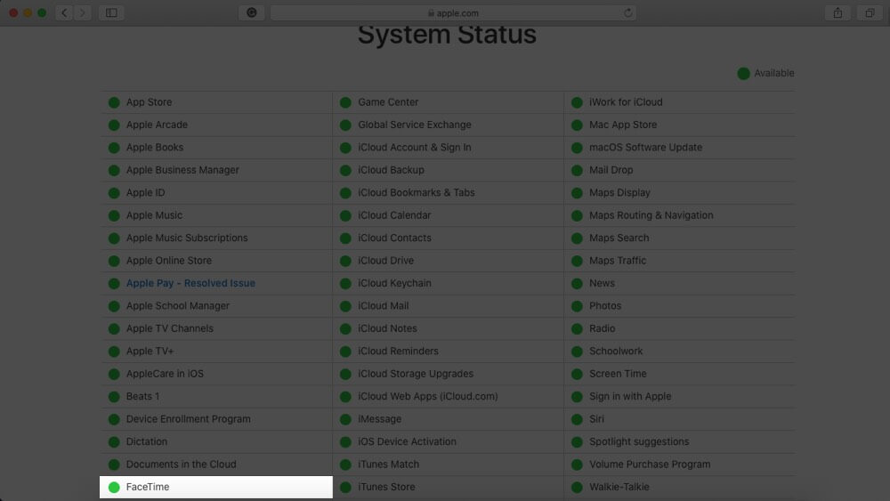 Check FaceTime Server Status on Apple Website