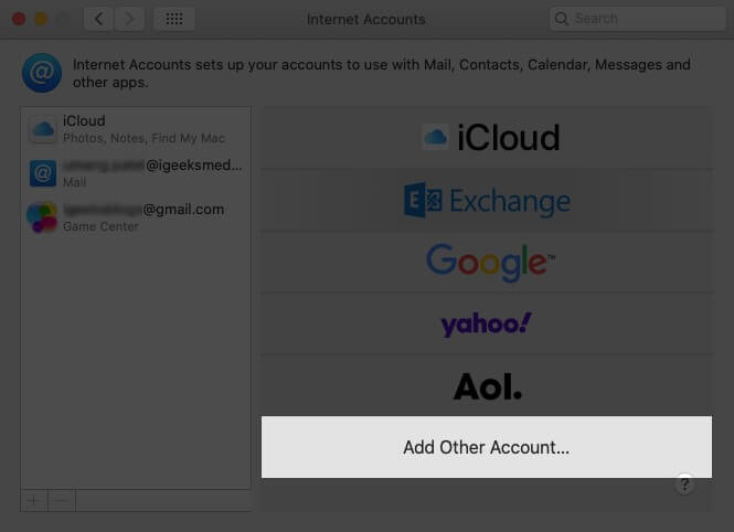 Click on Add Other Account on Mac