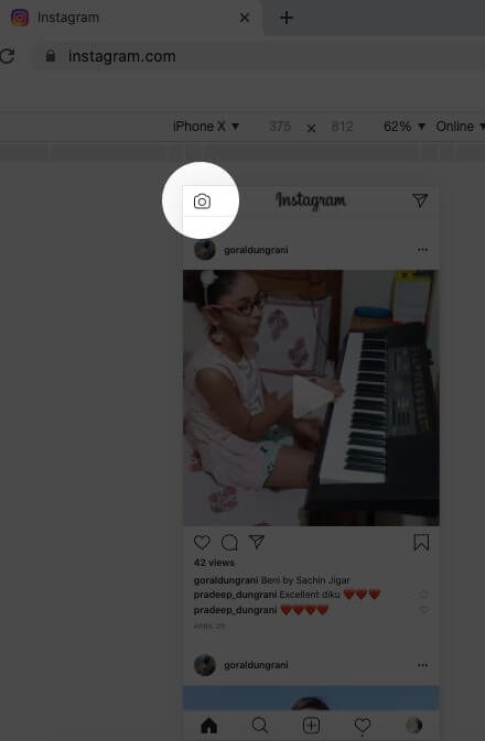Click on Camera icon in Instagram on Mac
