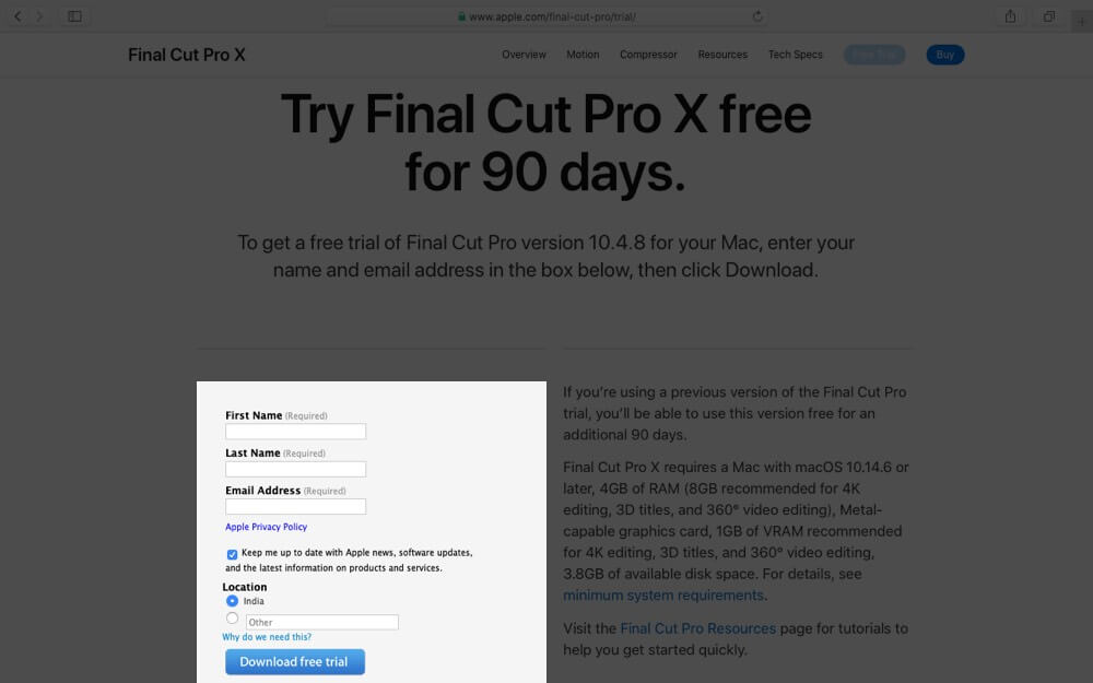 Click on Download Free Trial to Get 90 Days Trial of Final Cut Pro