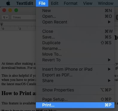 Click on File and Select Print in TextEdit App on Mac