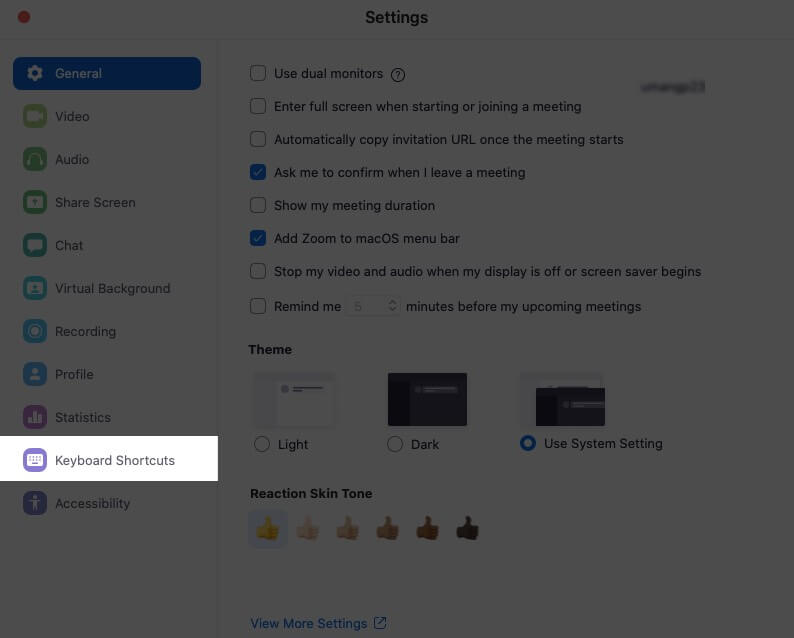 Click on Keyboard Shortcuts in Zoom Settings on Mac