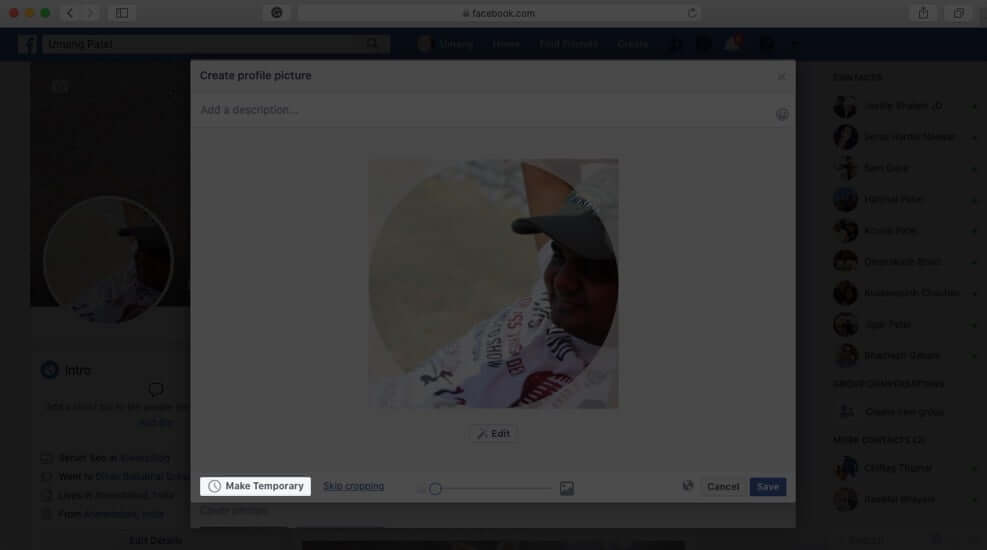 Click on make temporary in facebook on mac