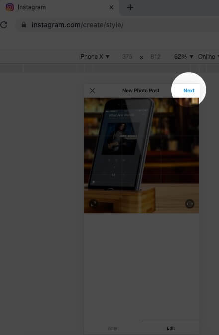 Click on Next in Instagram on Mac