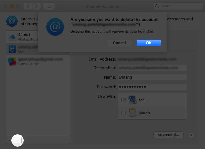 Click on Remove to Delete an Account from Mac Mail App