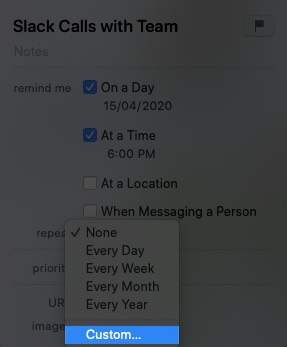 Click on Repeat and Then Click on Custom