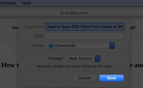 Click on Save to Download PDF Files in Safari on Mac