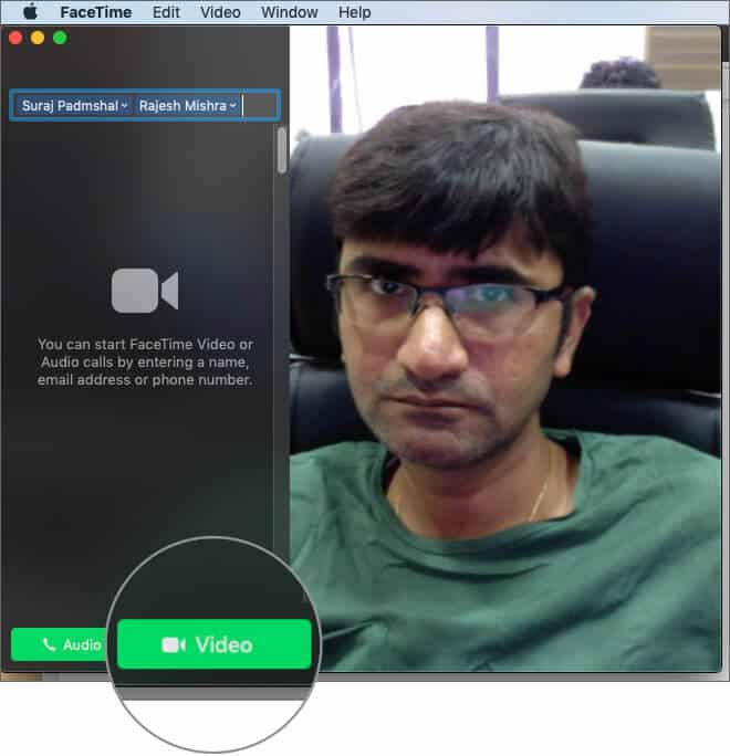 Click on video button to start FaceTime call on Mac