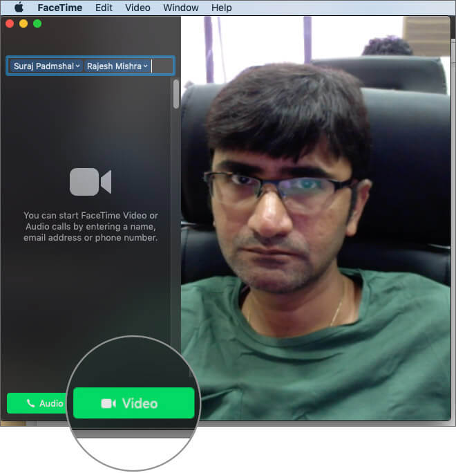 Click on video button to start FaceTime call on Mac