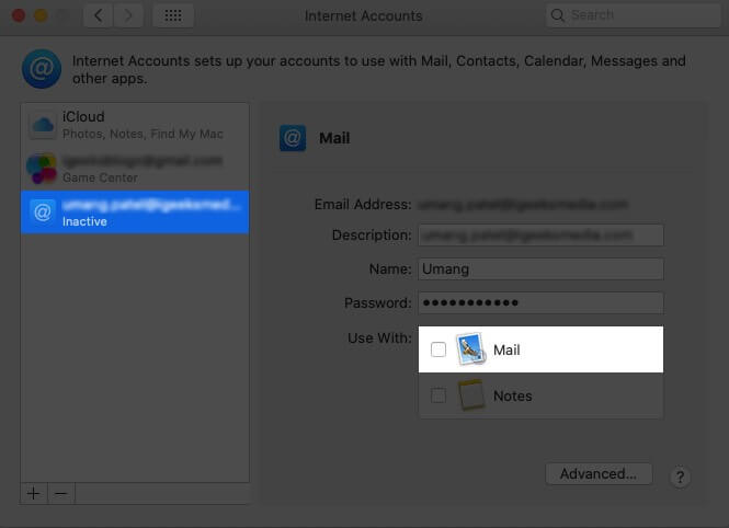 Disable Account from Mail app on Mac