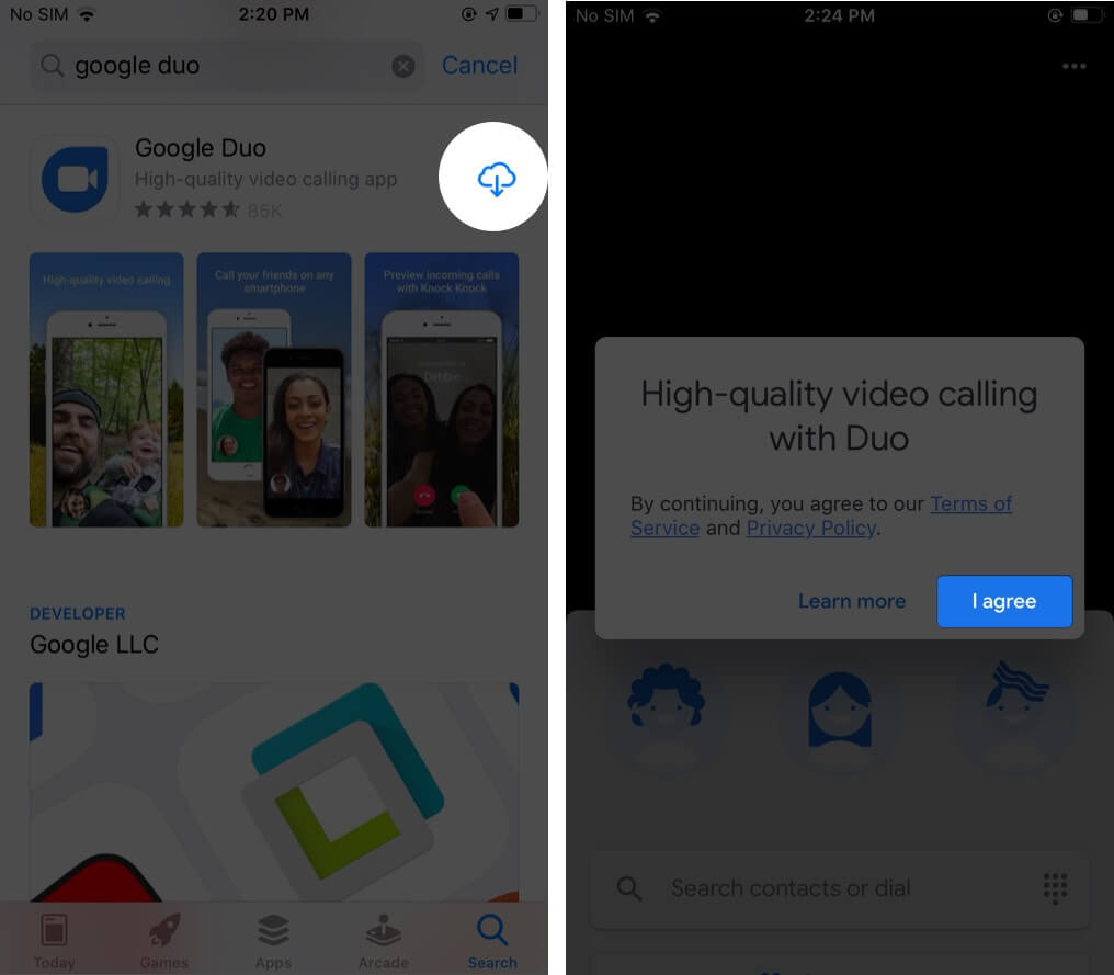 Download Google Duo on iPhone and Tap on Agree