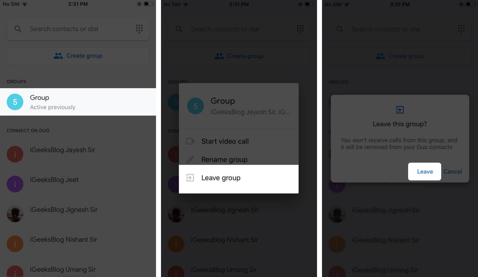 Leave Google Duo Group on iPhone