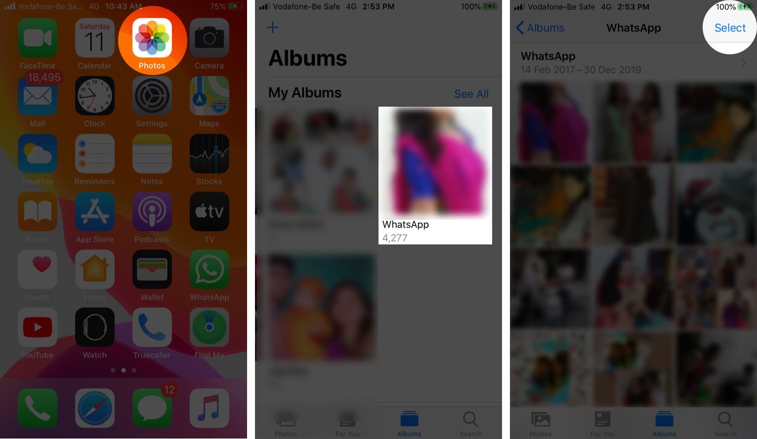 Open Photos App Tap on WhatsApp Album and Tap on Select