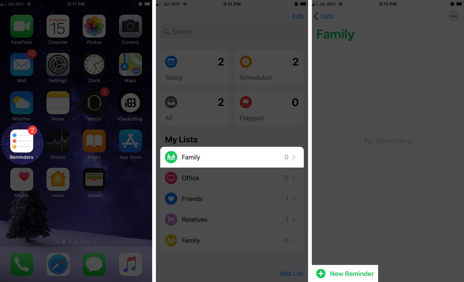 Open Reminders Select List and Tap on New Reminders on iPhone