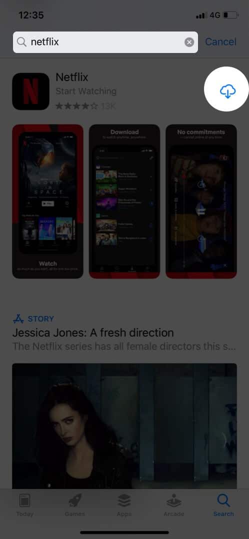 Search Netflix and Tap on Download to Reinstall on iPhone