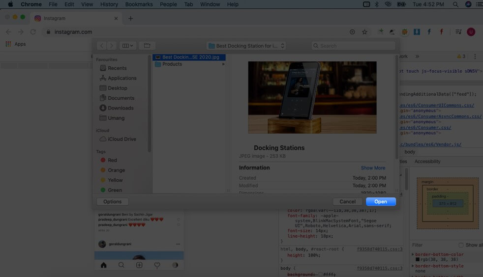 Select Image and Click on Open in Instagram on Mac