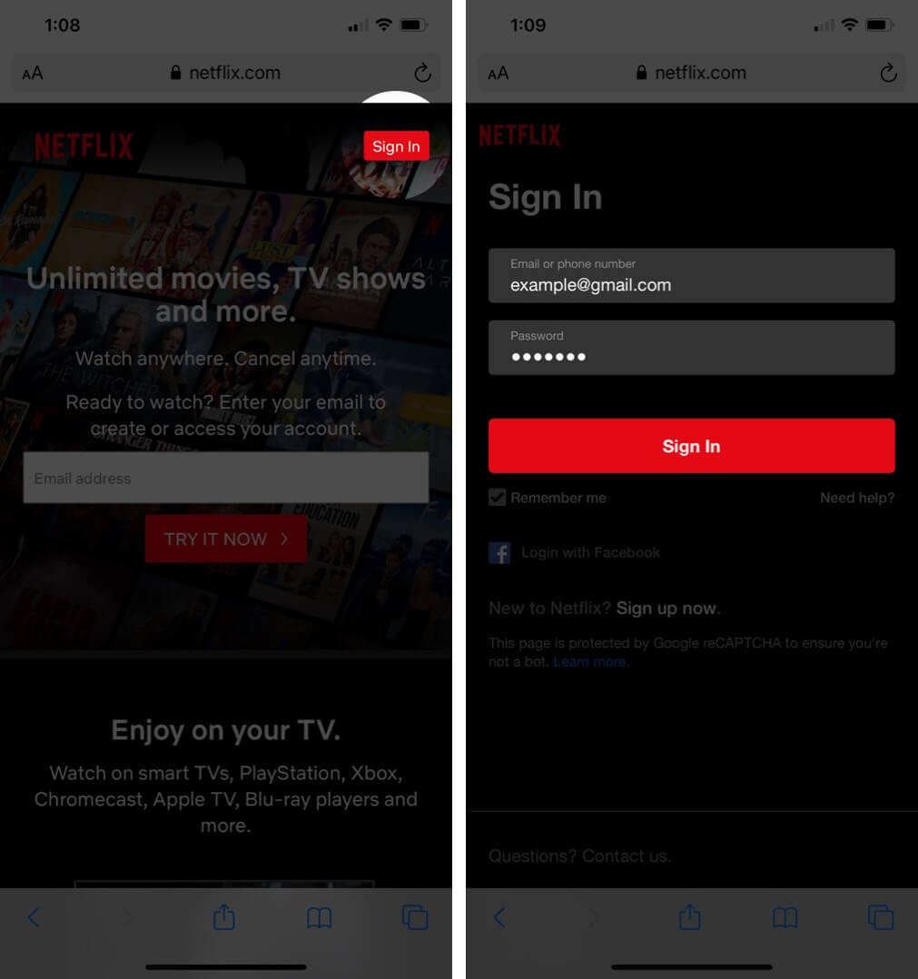 Sign in Netflix in Safari on iPhone