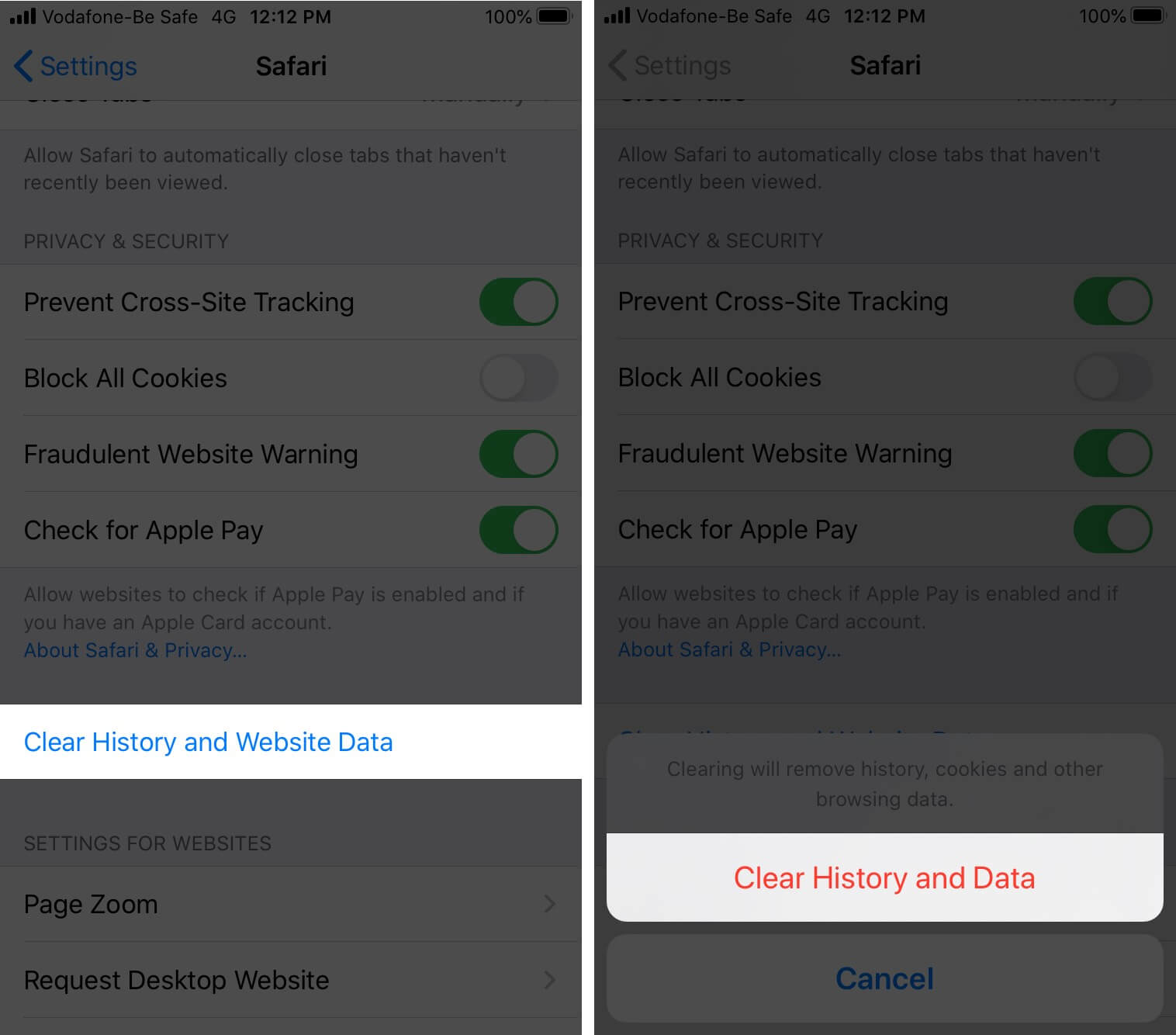 Tap on Clear History and Website Data to Clear Safari Browsing History on iPhone