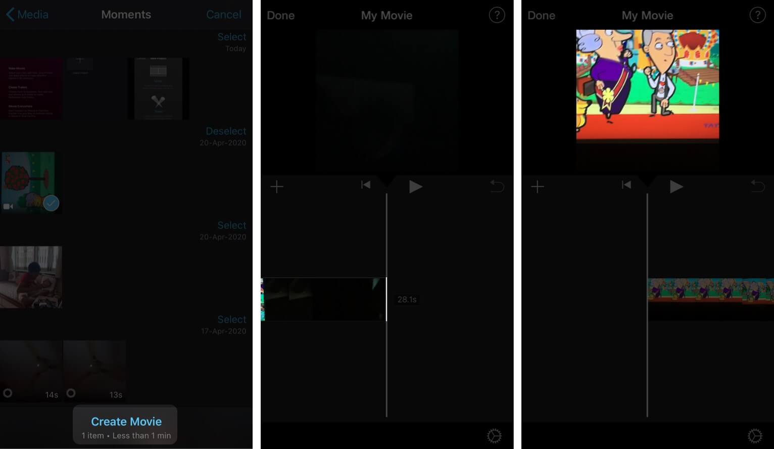 Tap on Create Movie and import Video to iMovie