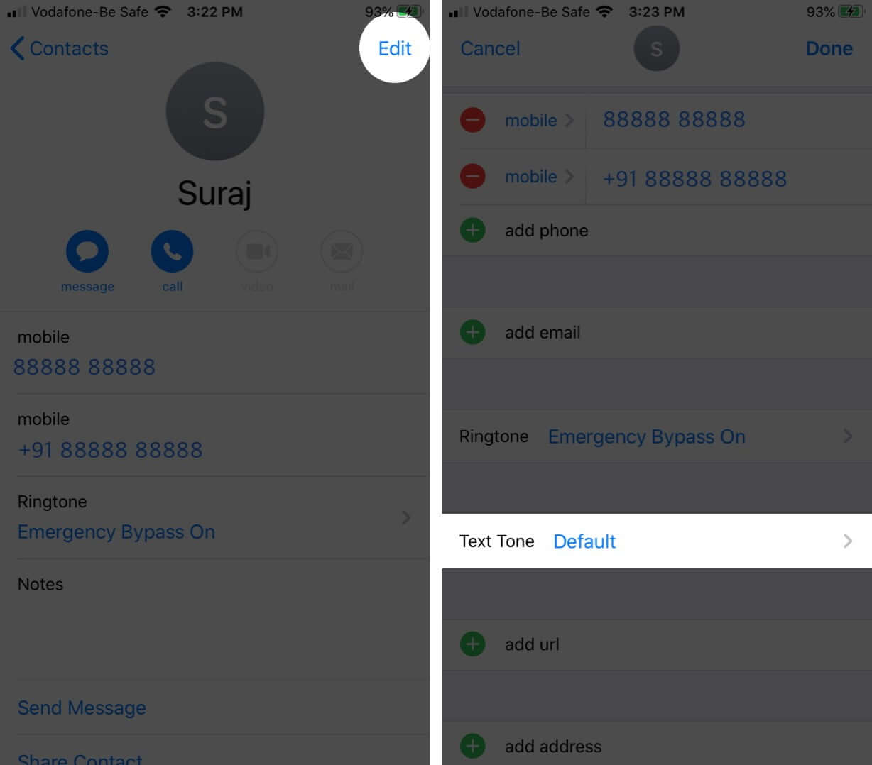 Tap on Edit in Contact Card and Then Tap on Text Tone
