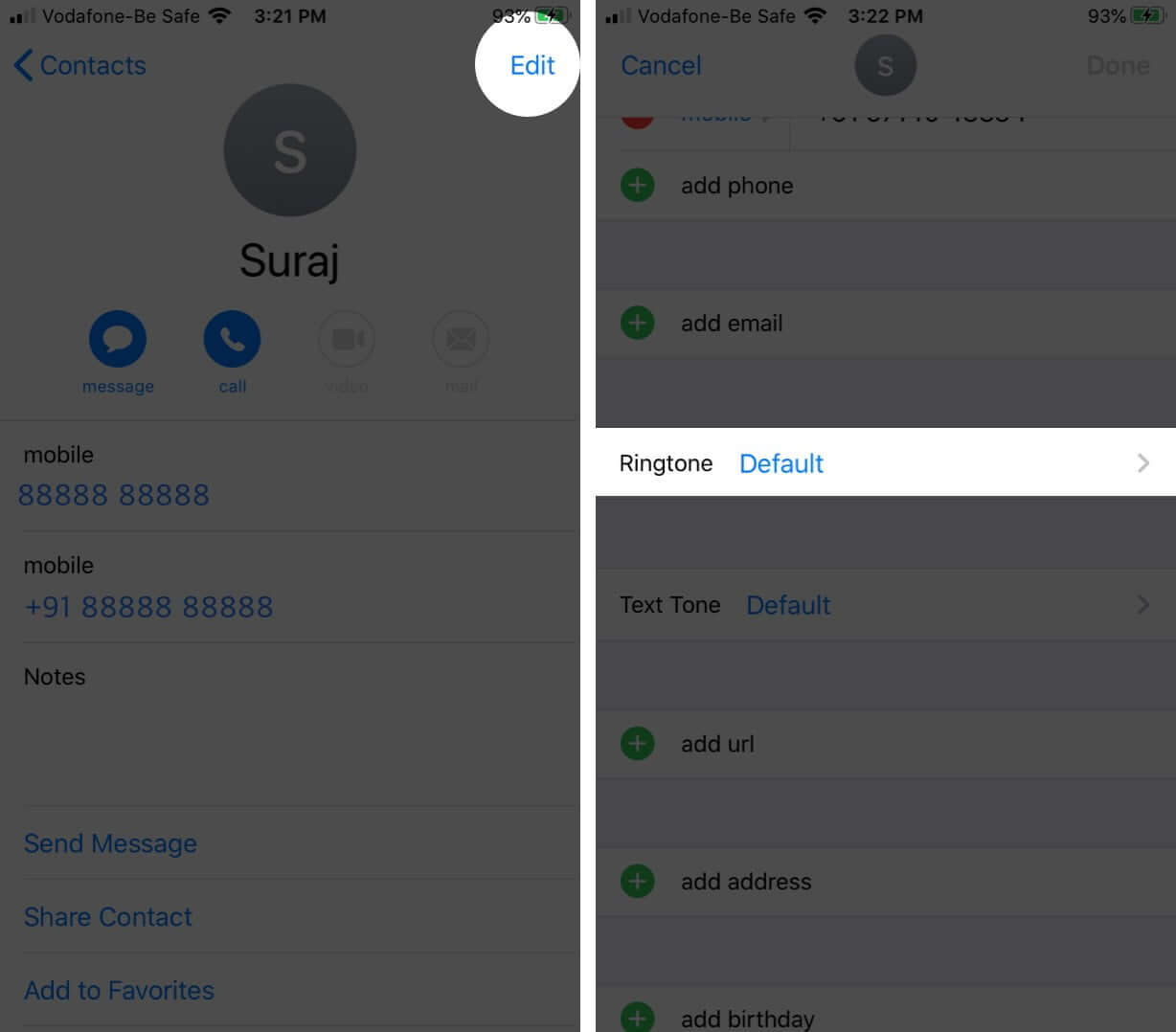 Tap on Edit on Contact Card and Then Tap on Ringtone