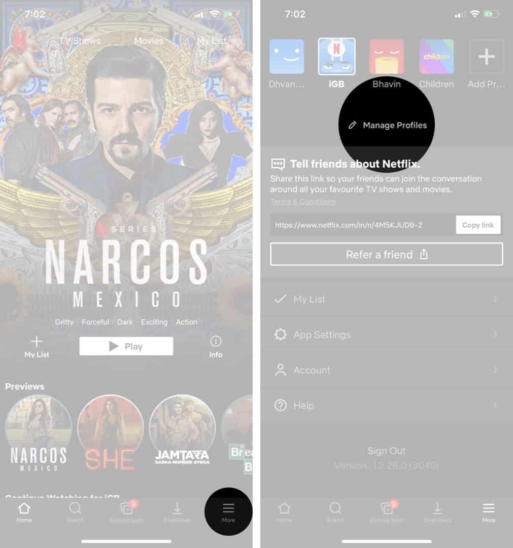 Tap on More and Then Tap on Manage Profiles in Netflix on iPhone