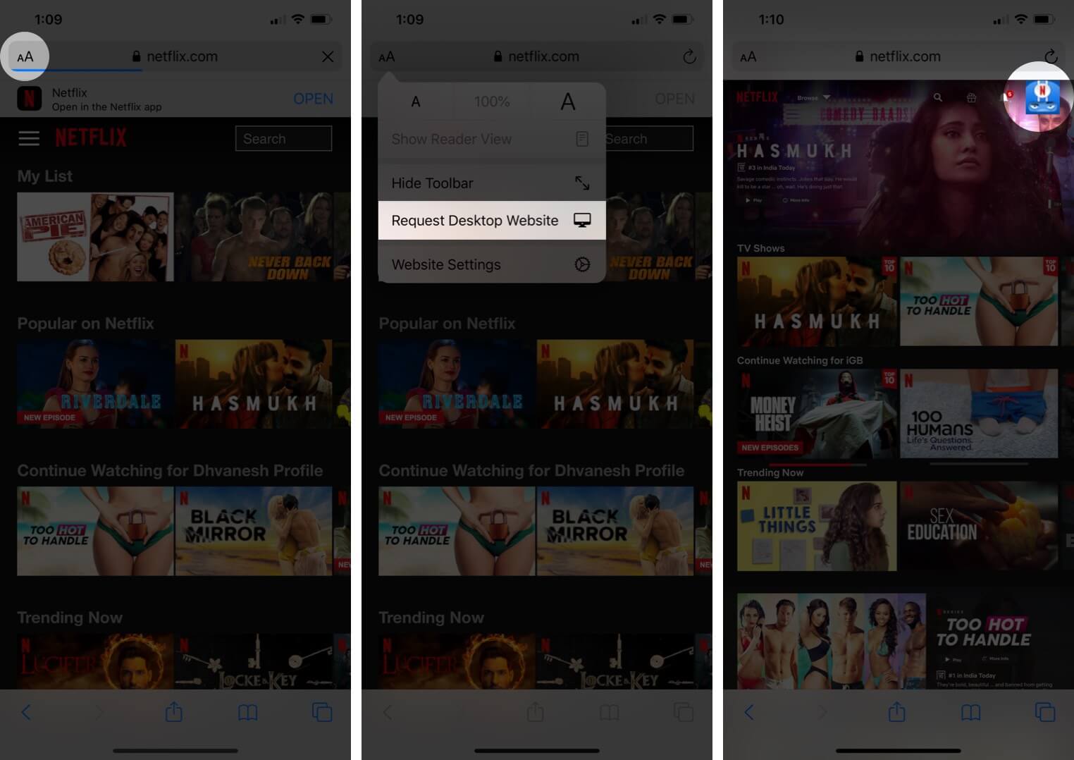 Tap on Request Desktop Website and Then Tap on Netflix Account
