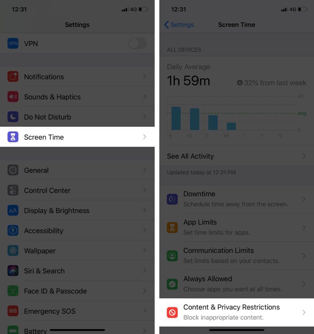 Tap on Screen Time and Then Tap on Content & Privacy Restrictions