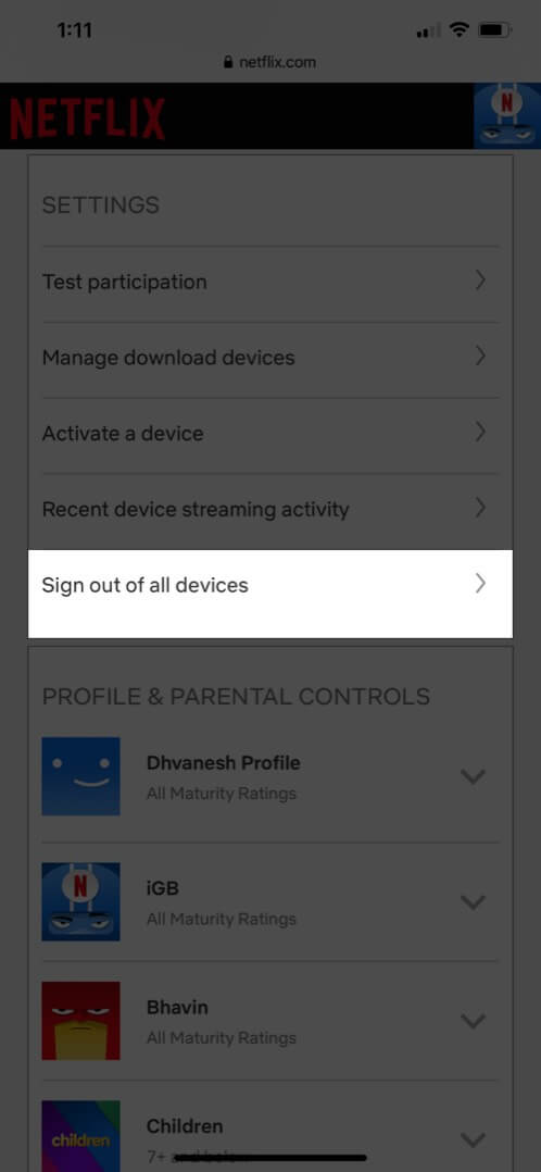 Tap on Sign out from All Devices to Remove Devices From Netflix Settings on iPhone