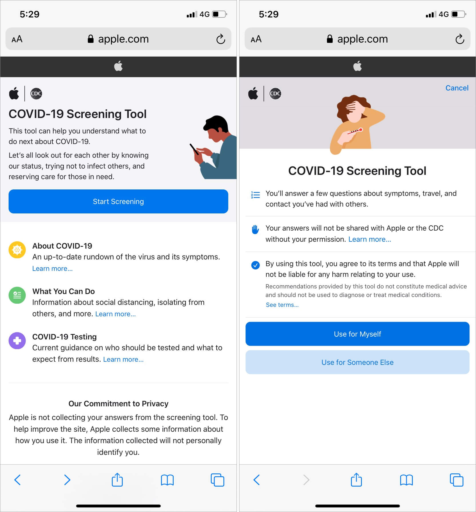 Tap on Start Screening and Select the option in Covid-19 Screening Tool