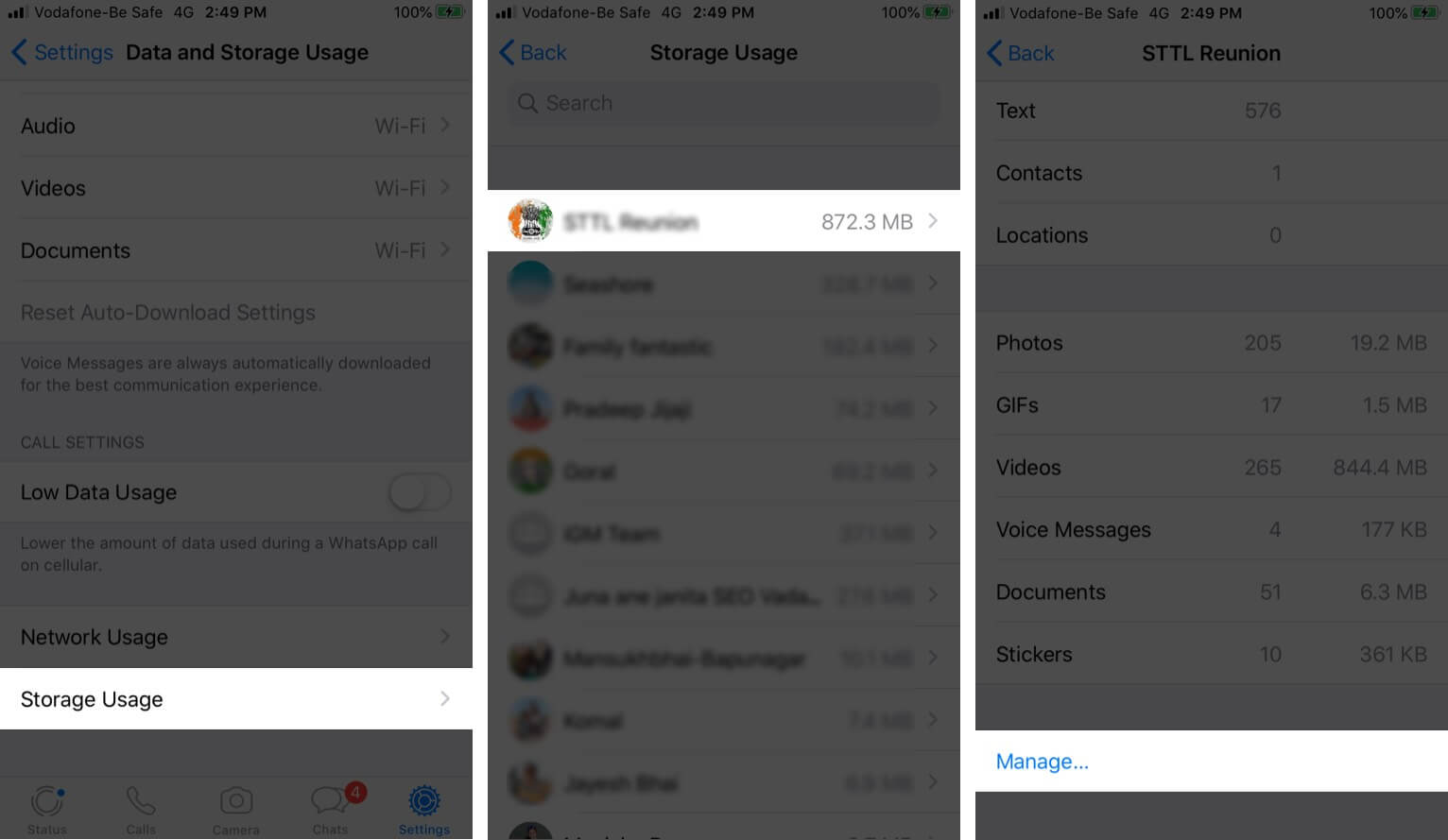 Tap on Storage Usage Tap on Conversation and Then Tap on Manage on iPhone