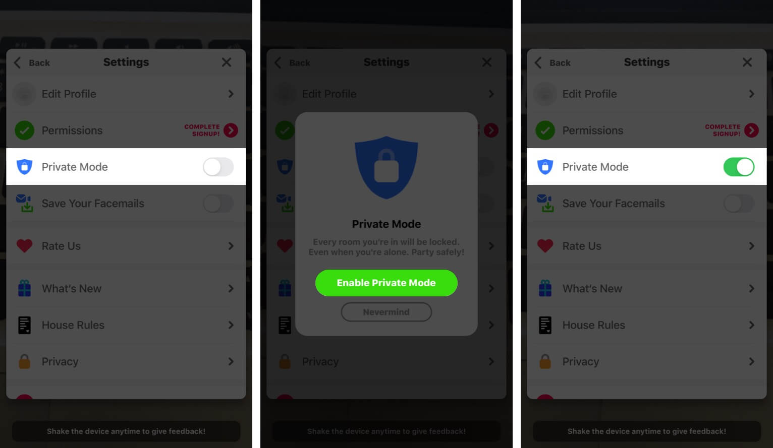 Turn ON Private Mode in Houseparty App on iPhone
