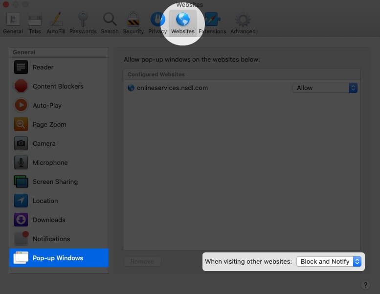 Turn ON Safari Pop-up Blocker on Mac