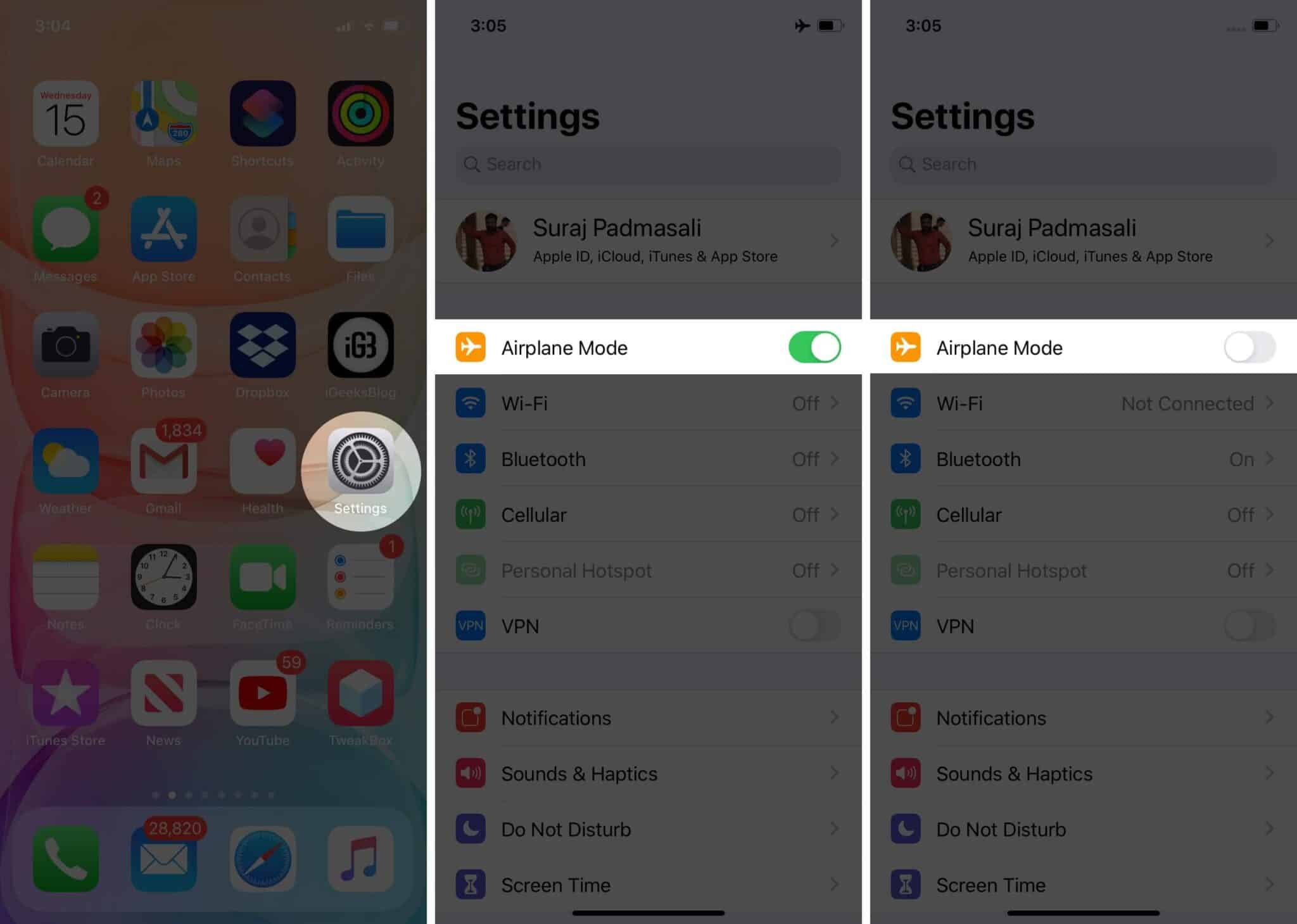 Turn ON and OFF Airplan Mode on iPhone