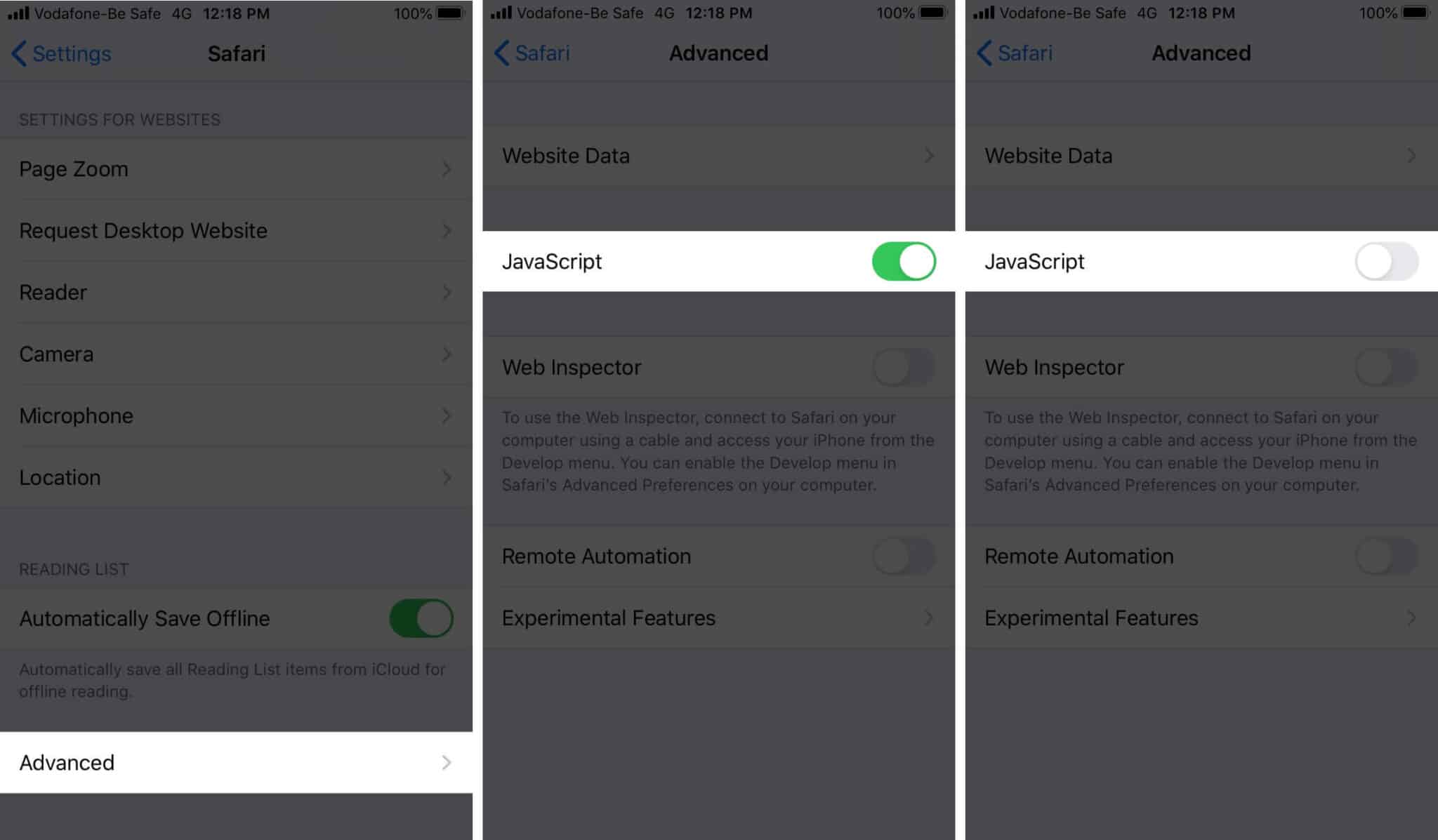 Turn Off Javascript in Safari on iPhone