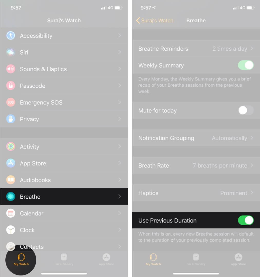 Turn On Use Previous Duration to Change Breathe Session Time in Watch App on iPhone