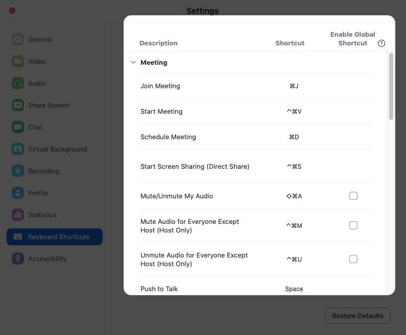 Zoom Keyboard Shortcuts for Mac