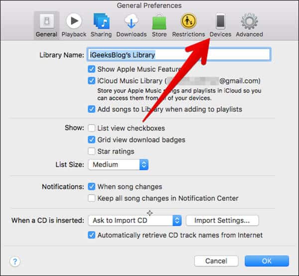 Click on Devices in iTunes Preferences on Mac