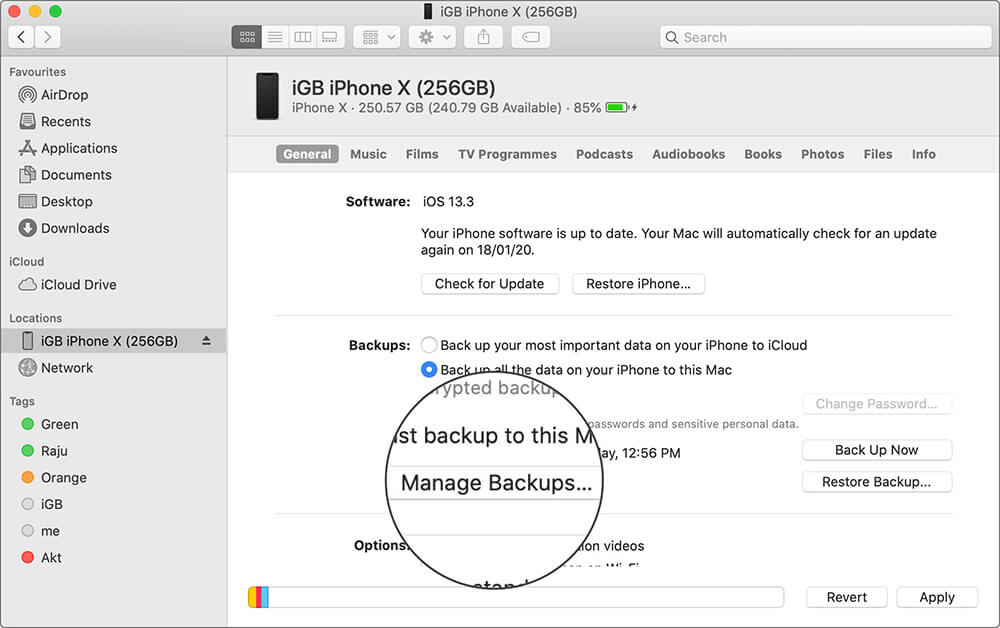 Click on Manage Backups in Finder App on Mac