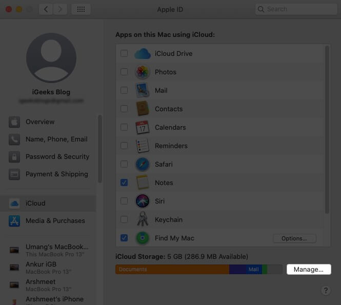 Click on Manage in Apple Id on Mac