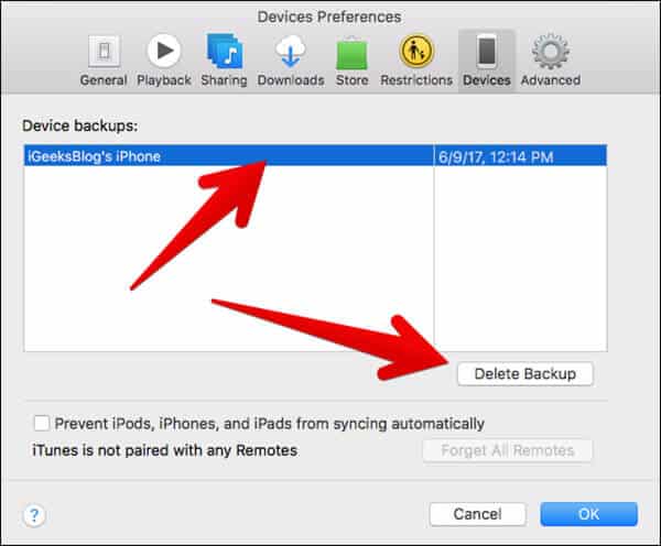 Delete iPhone or iPad Backup from iTunes on Mac